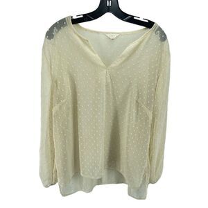 Adiva Women's Swiss Dots sheer Split V-Neck Chiffon Long Sleeve Blouse Top Cream